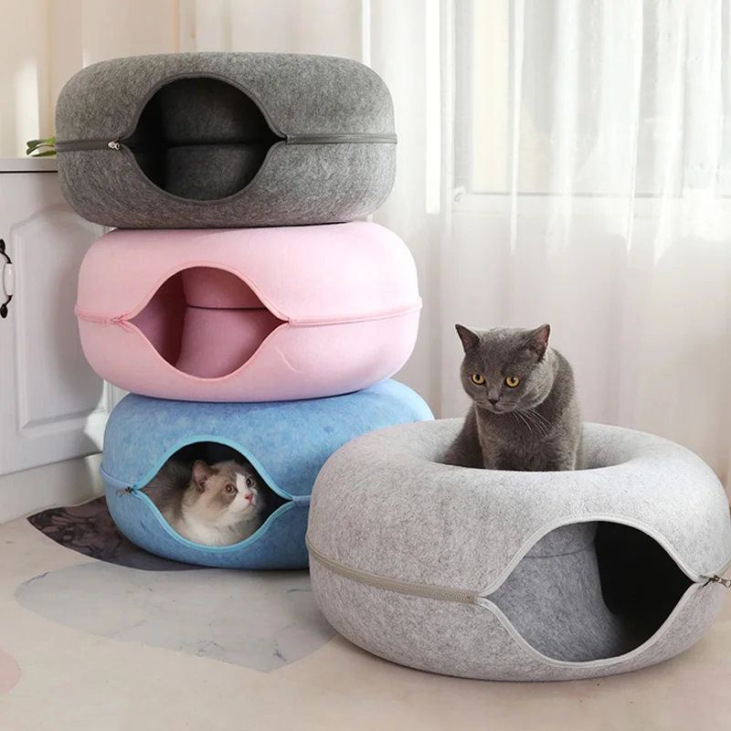 Donut Cat Bed for 2 Cats Detachable Pet Cat Tunnel Interactive Game Toy Dual-use Felt Indoor Kitten Sports Equipment Cat Supplie - 图片 2