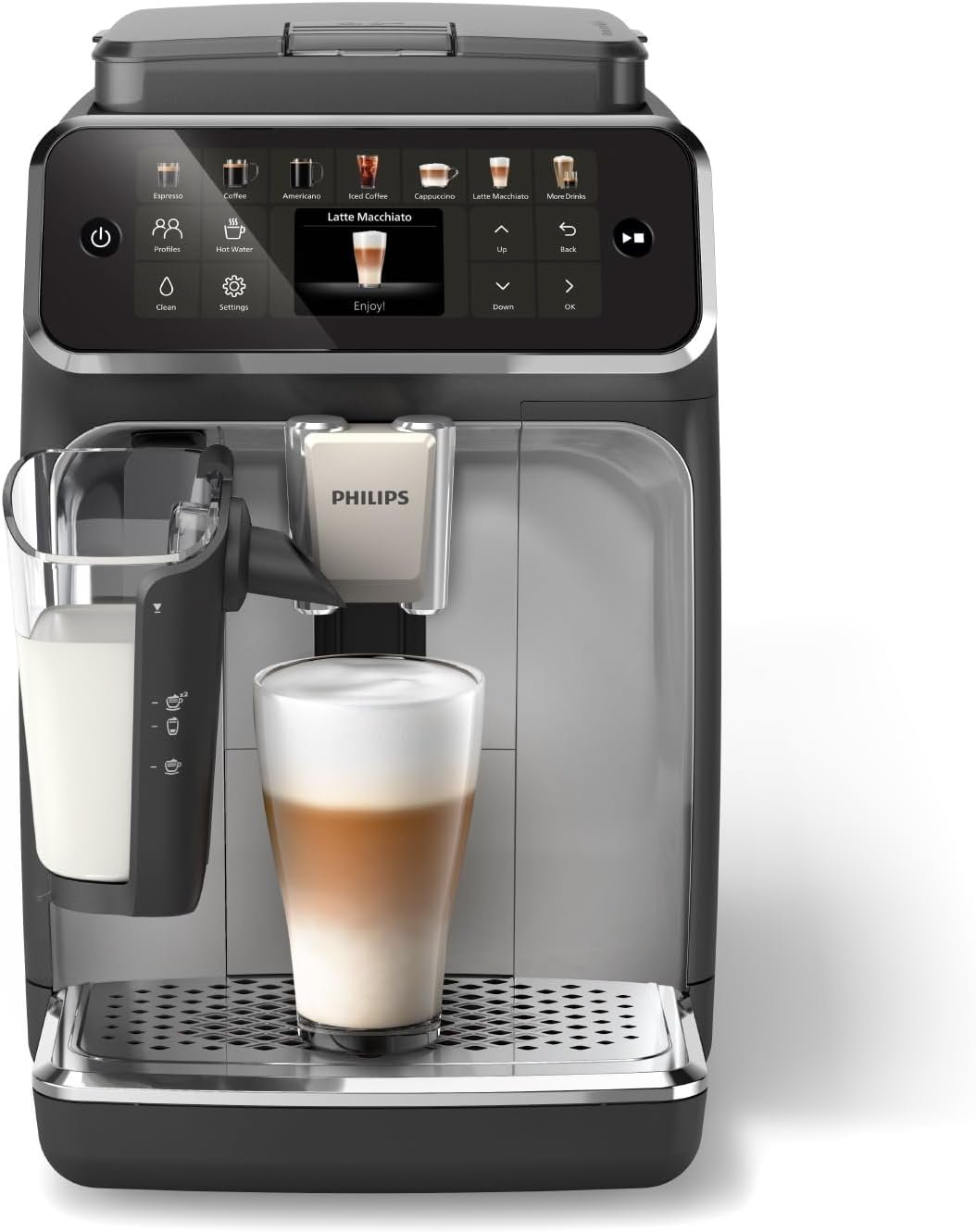 Philips 4400 Series Fully Automatic Espresso Machine – 12 Hot & Iced Coffees. Quick-to-Clean LatteGo Milk System. SilentBrew. QuickStart. Ceramic Grinder. Black Chrome (EP4444/90)